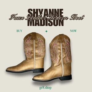 Shyanne Madison Faux Leather Western Boots Size 4 Gold With Pink Embroidery Made